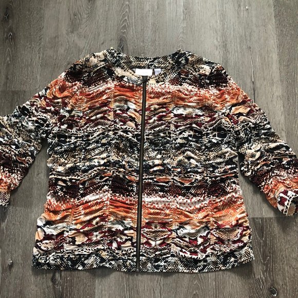 Chico’s Sz 3 /XL Women’s Snake Animal Print Ruched 3/4 Sleeve Full Zip Jacket - Picture 1 of 11